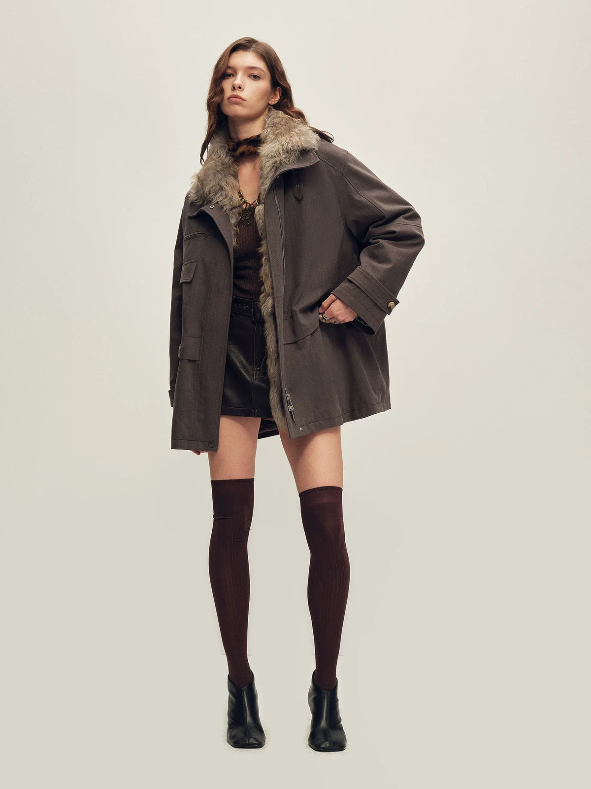 Firelady Fur Women's Mid-Length Down Parka - Detachable Curly Shearling Collar in Gray Cocoa - view 2