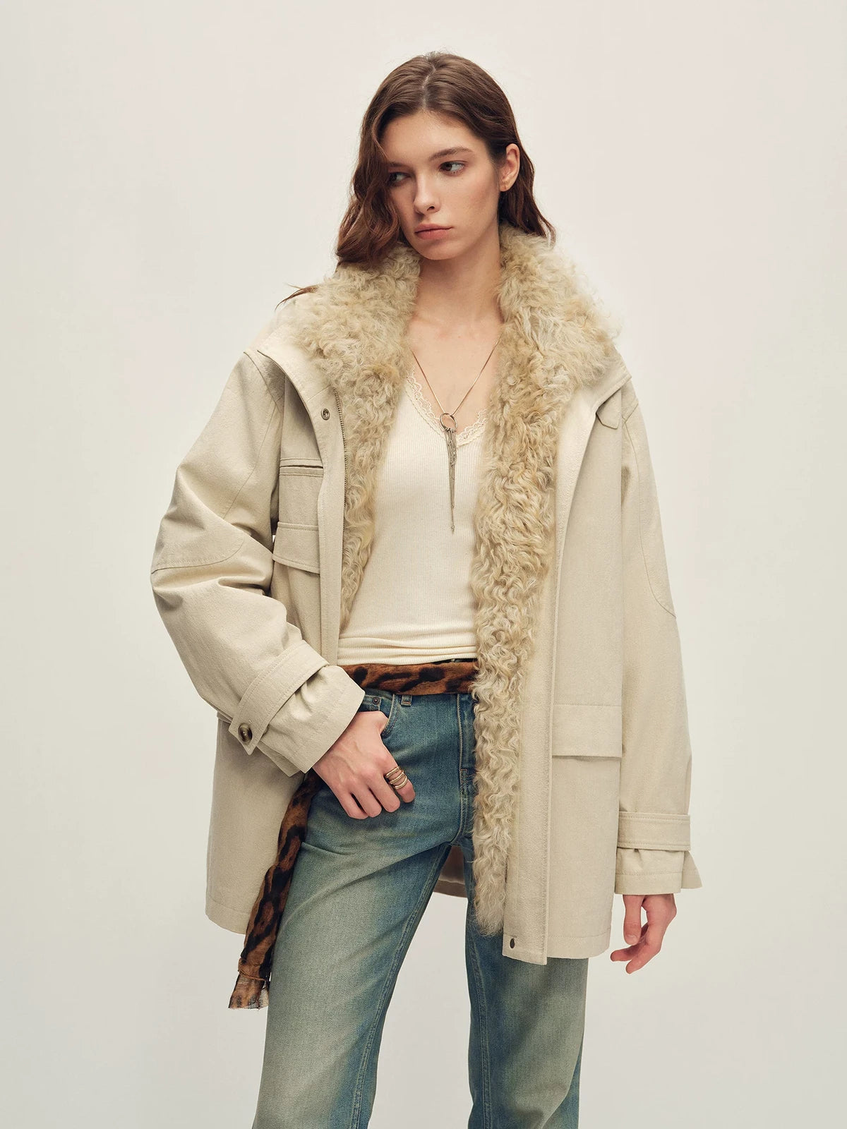 Firelady Fur Women's Mid-Length Down Parka - Detachable Curly Shearling Collar in Ivory Beige - front half