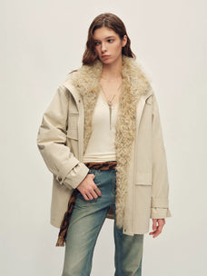 Firelady Fur Women's Mid-Length Down Parka - Detachable Curly Shearling Collar in Ivory Beige - front half