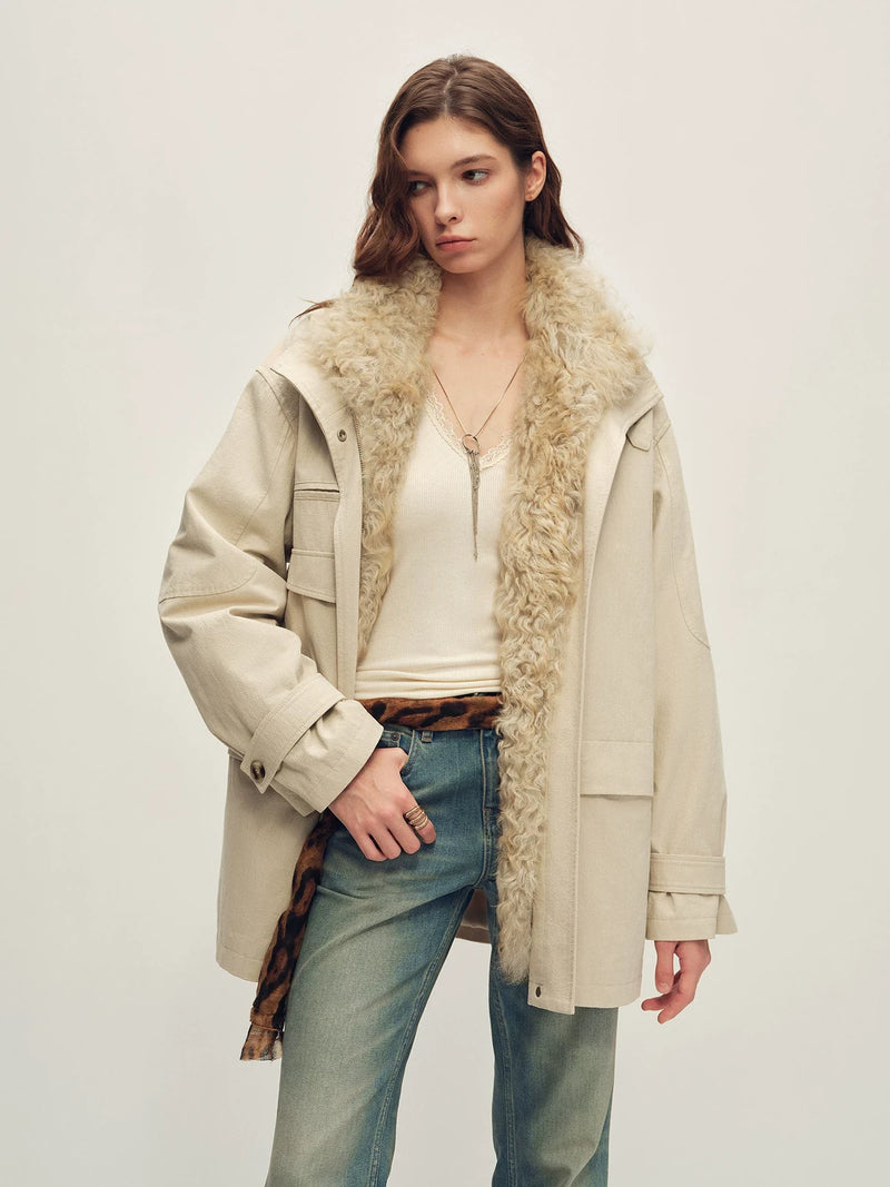 Firelady Fur Women's Mid-Length Down Parka - Detachable Curly Shearling Collar in Ivory Beige - front half