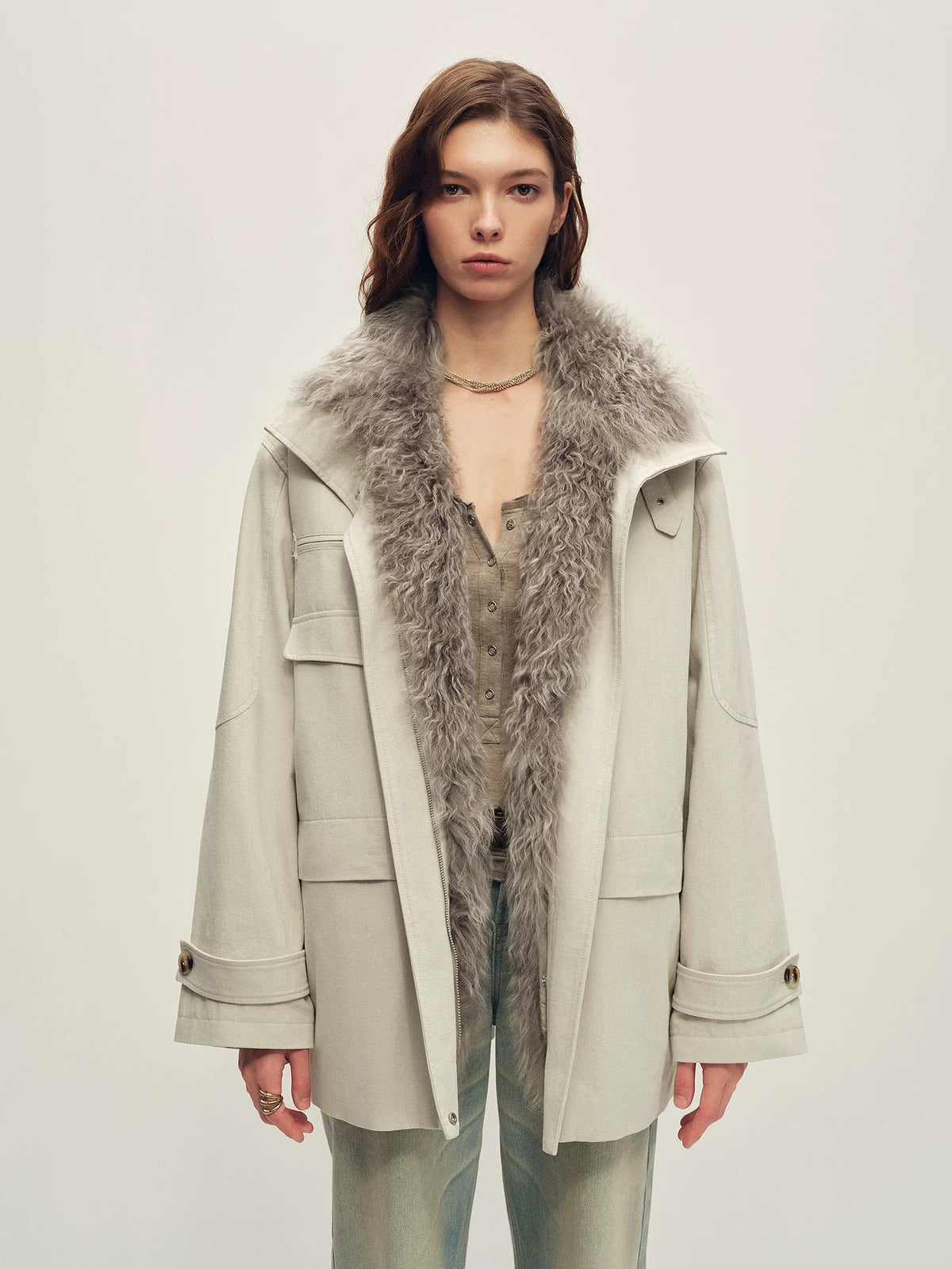 Firelady Fur Women's Mid-Length Down Parka - Detachable Curly Shearling Collar in Moonlight - front half