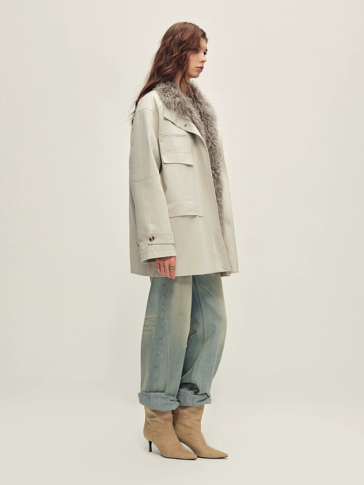 Firelady Fur Women's Mid-Length Down Parka - Detachable Curly Shearling Collar in Moonlight - view 3