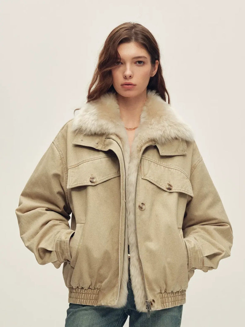 Firelady Fur Women's Cotton Twill Down Parka with Detachable Shearling Collar