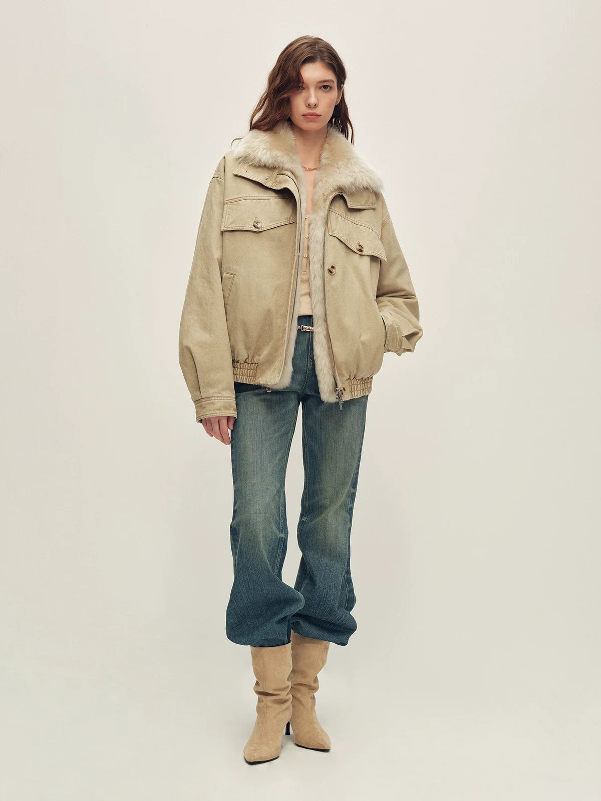 Firelady Fur women's cotton twill down parka — oak apricot full