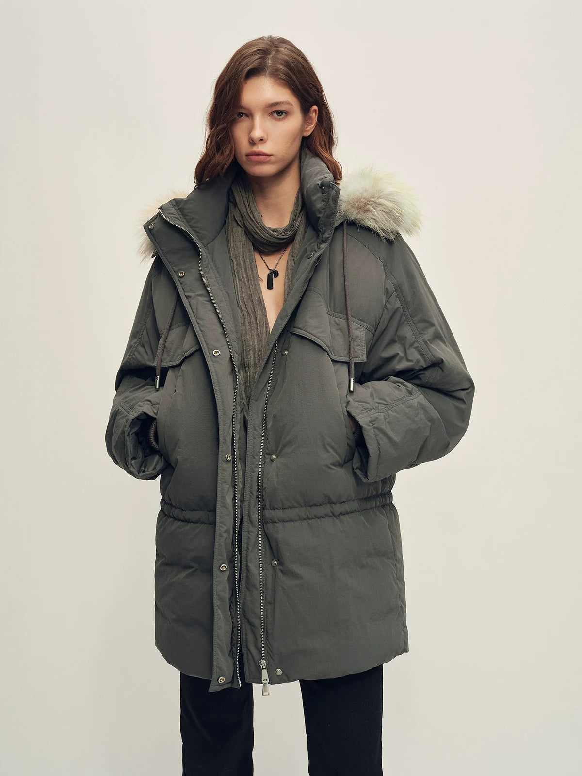 Firelady Fur Women's Hooded Goose Down Parka - Adjustable Waist in Charcoal Gray - front half