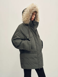 Firelady Fur Women's Hooded Goose Down Parka - Adjustable Waist in Charcoal Gray - view 2