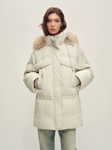 Firelady Fur Women's Hooded Goose Down Parka - Adjustable Waist in Pale Gray - front half