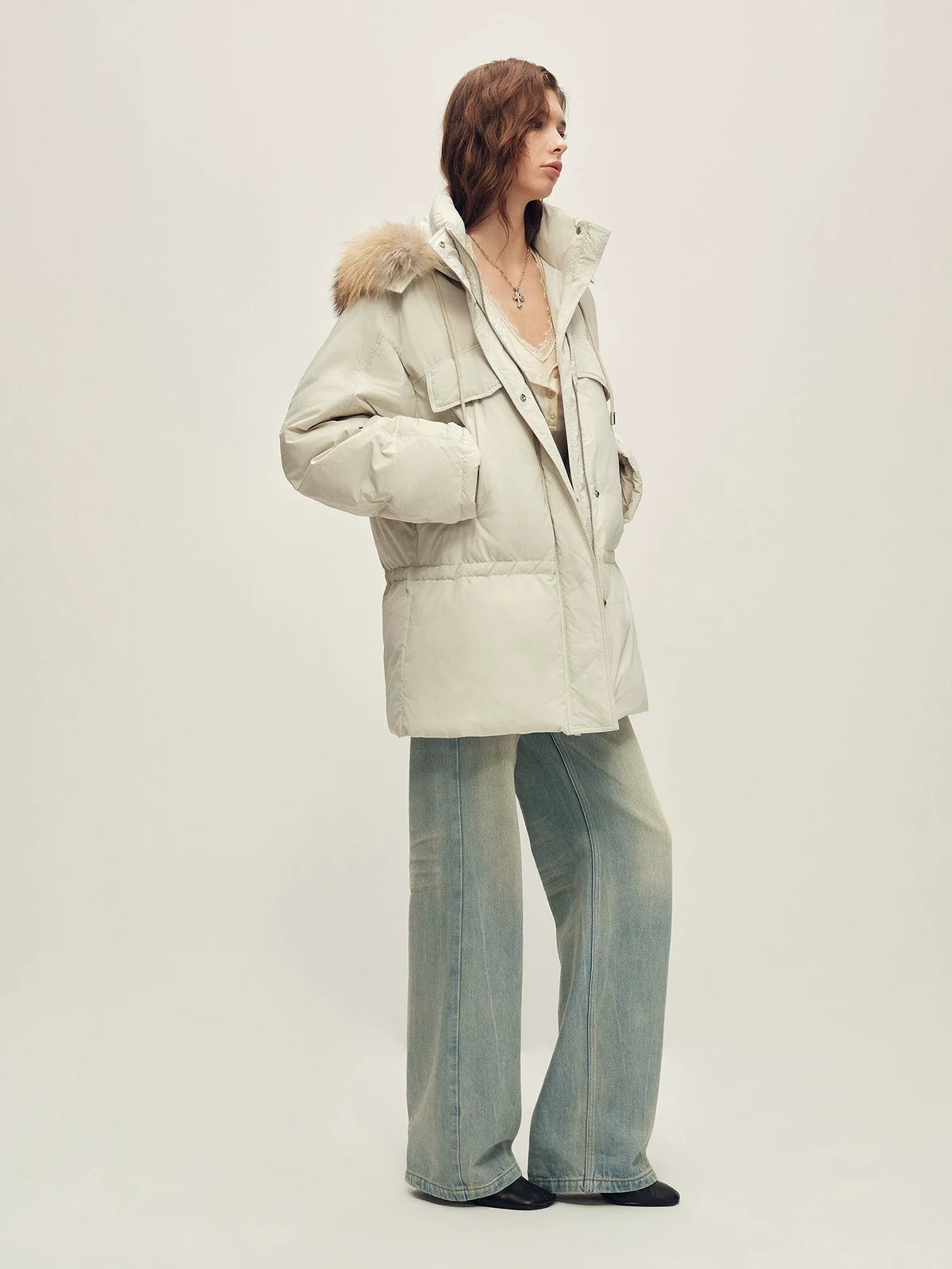 Firelady Fur Women's Hooded Goose Down Parka - Adjustable Waist in Pale Gray - view 2
