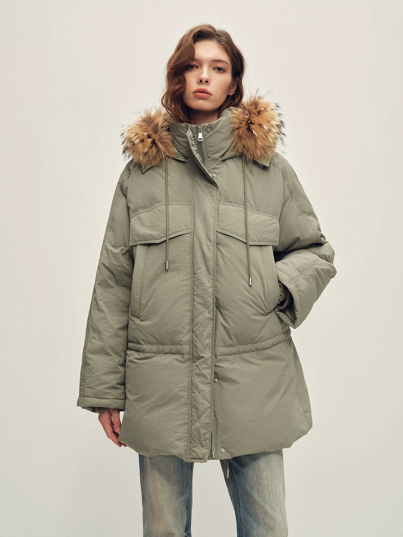 Firelady Fur Women's Hooded Goose Down Parka - Adjustable Waist in Sage Gray - front half