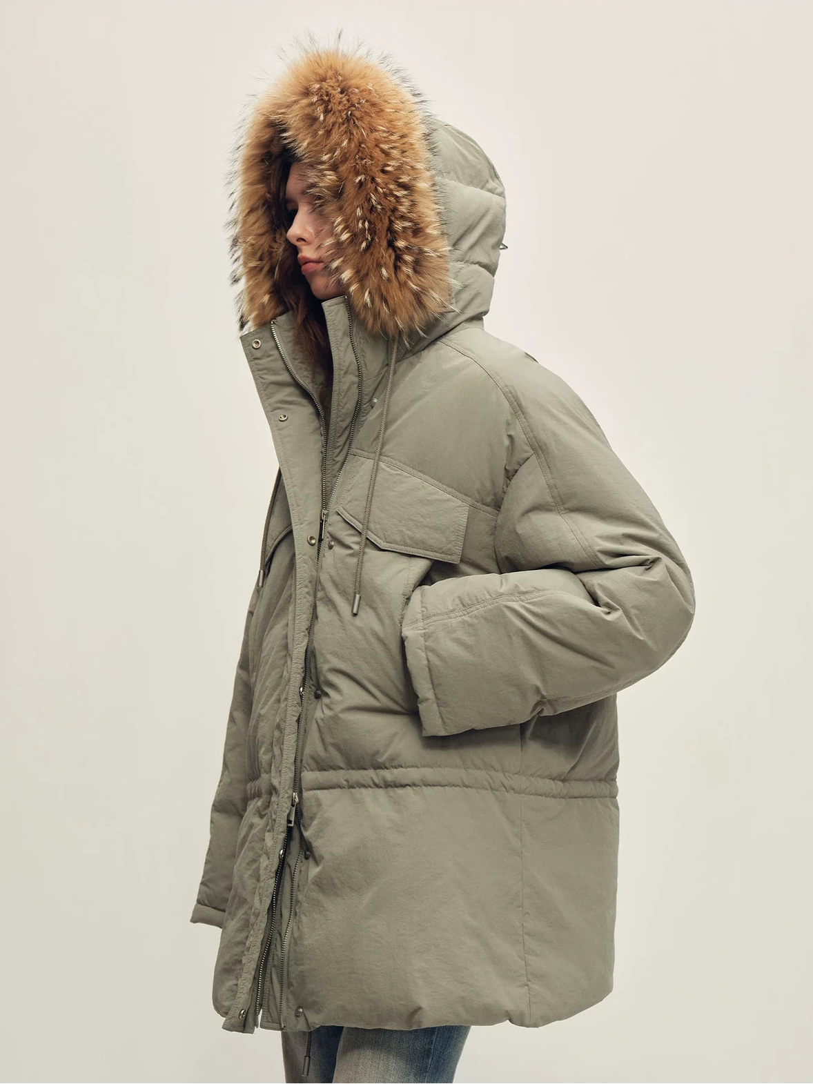 Firelady Fur Women's Hooded Goose Down Parka - Adjustable Waist in Sage Gray - view 2
