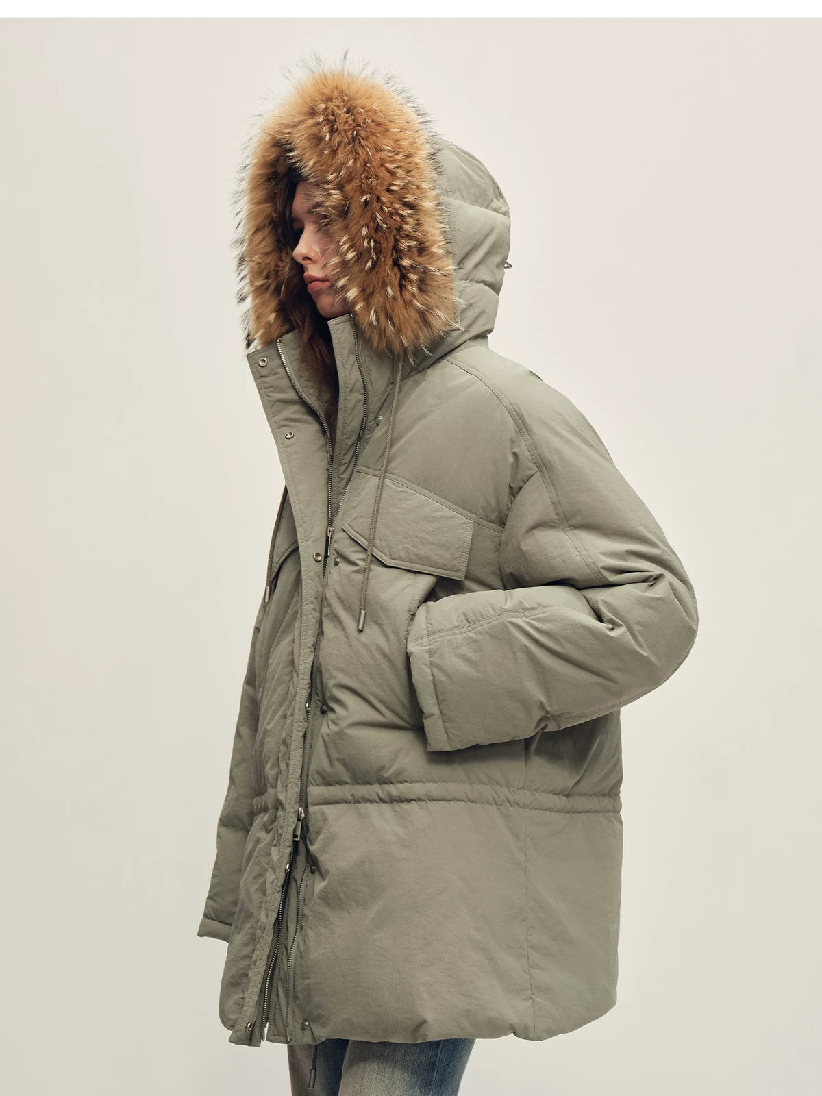 Firelady Fur Women's Hooded Goose Down Parka - Adjustable Waist in Sage Gray - view 2