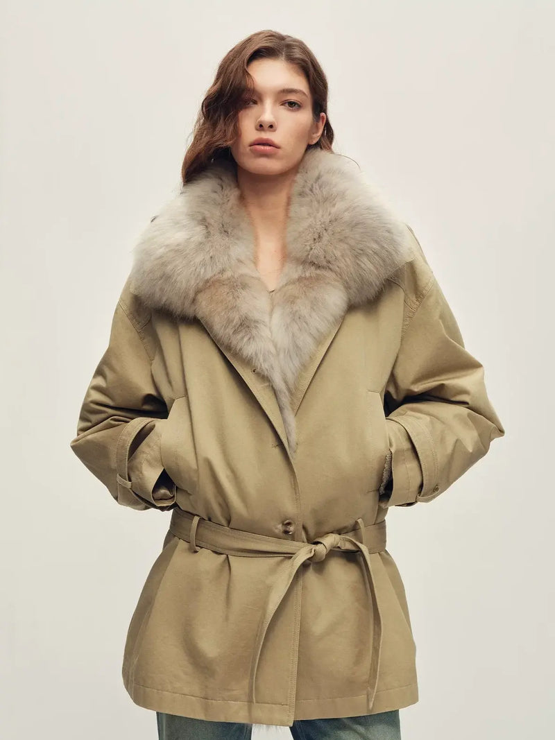 Firelady Fur Women's Belted Goose Down Parka with Detachable Fur Collar and Liner