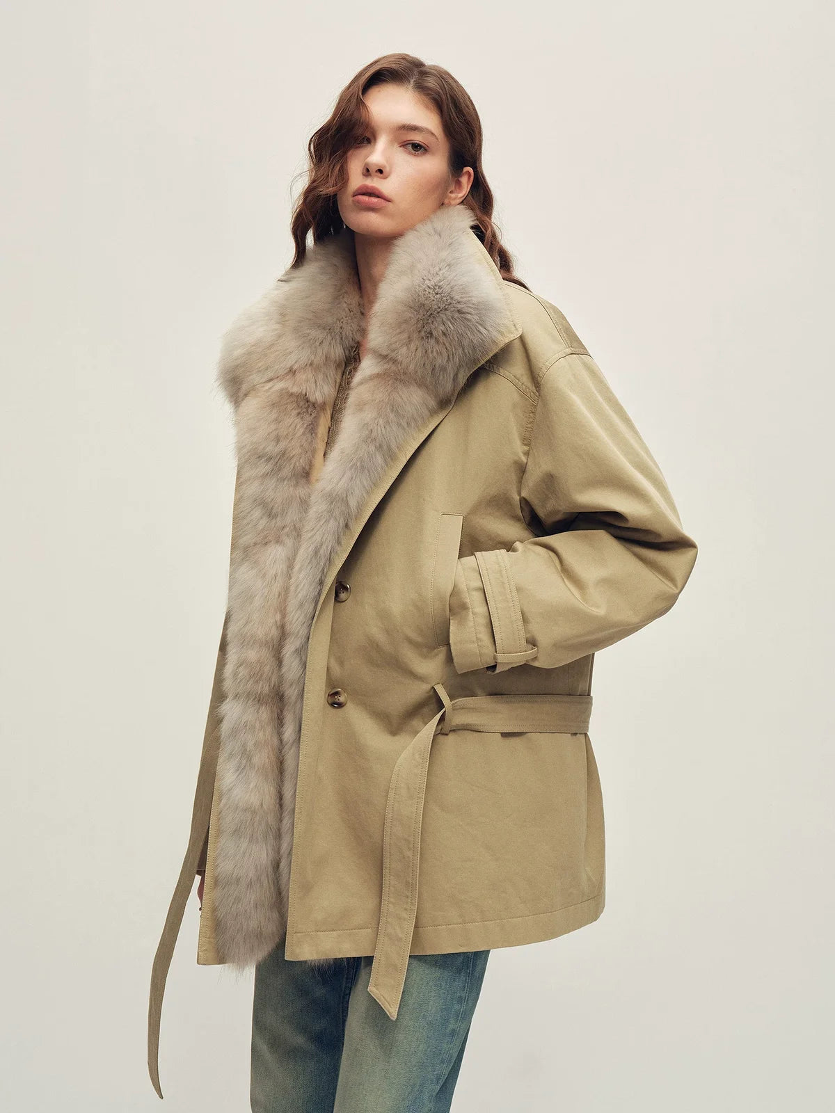 Firelady Fur cotton twill down parka khaki side view