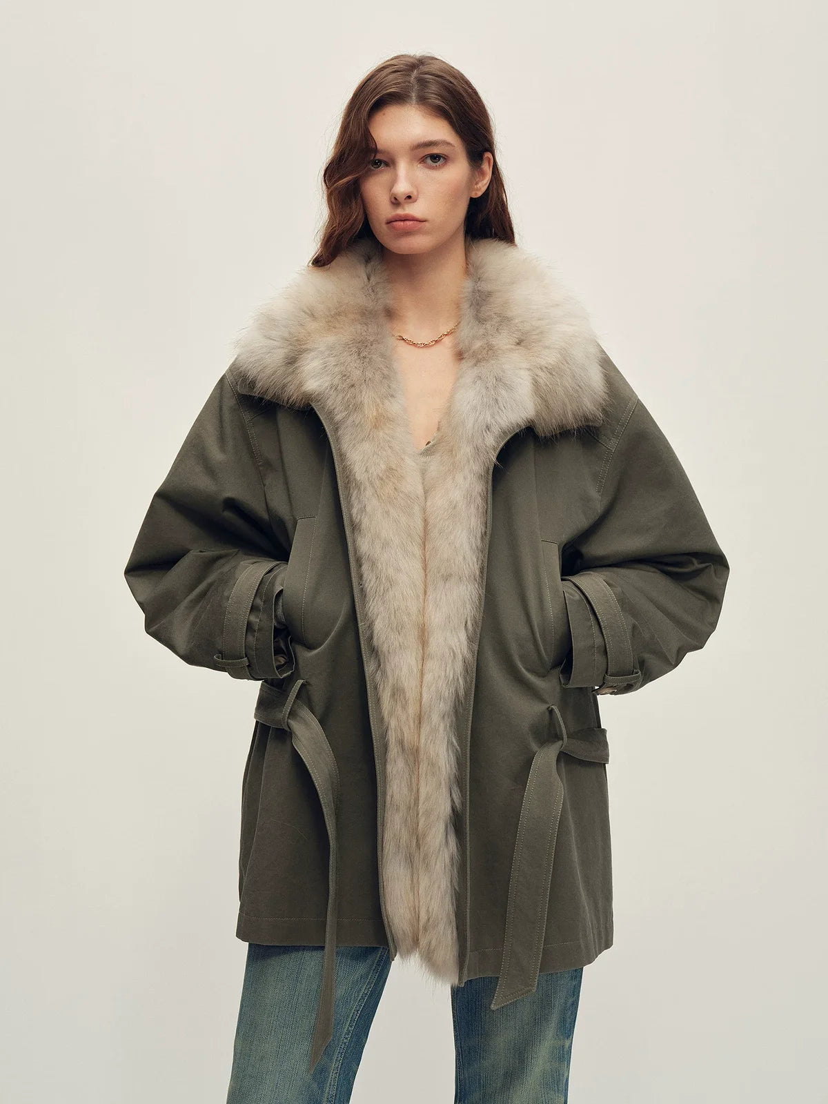 Firelady Fur cotton twill down parka reed-green front view
