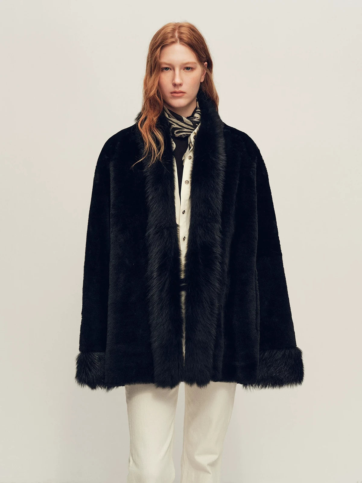 Firelady Fur Women's Shearling Coat - V-Neck with Toscana Trim in Black - front half