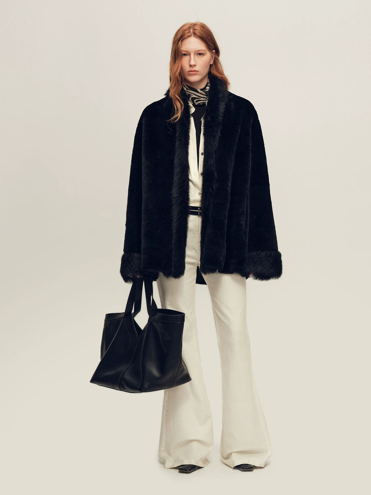 Firelady Fur Women's Shearling Coat - V-Neck with Toscana Trim in Black - view 2