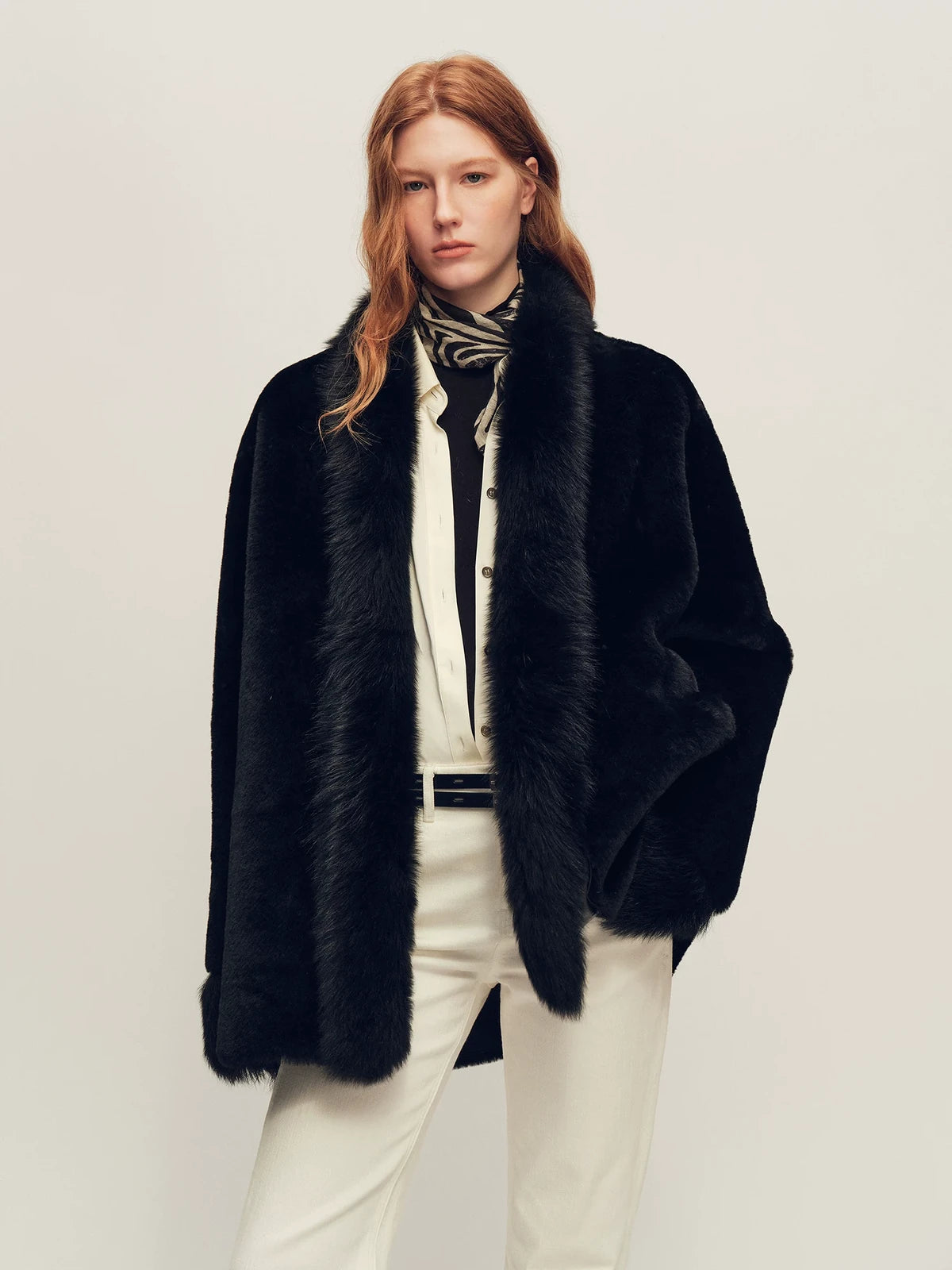 Firelady Fur Women's Shearling Coat - V-Neck with Toscana Trim in Black - view 3