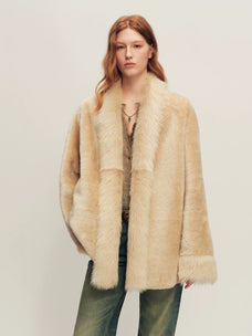 Firelady Fur Women's Shearling Coat - V-Neck with Toscana Trim in Light Camel - front half