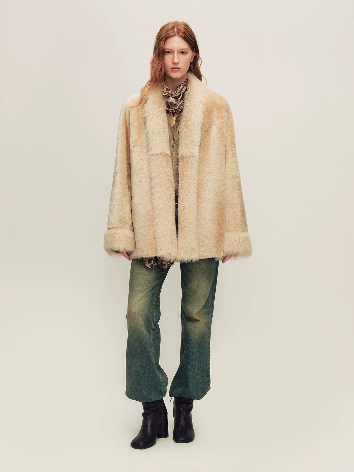 Firelady Fur Women's Shearling Coat - V-Neck with Toscana Trim in Light Camel - view 2