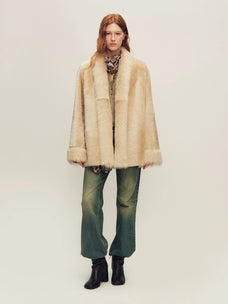 Firelady Fur Women's Shearling Coat - V-Neck with Toscana Trim in Light Camel - view 2