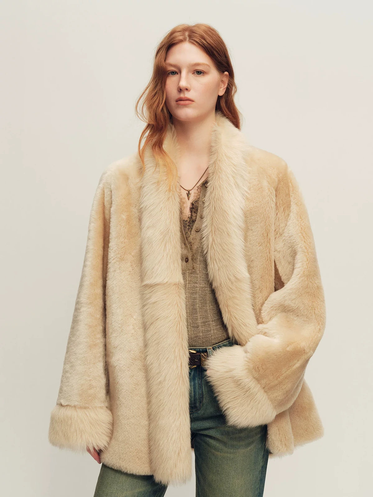 Firelady Fur Women's Shearling Coat - V-Neck with Toscana Trim in Light Camel - view 3