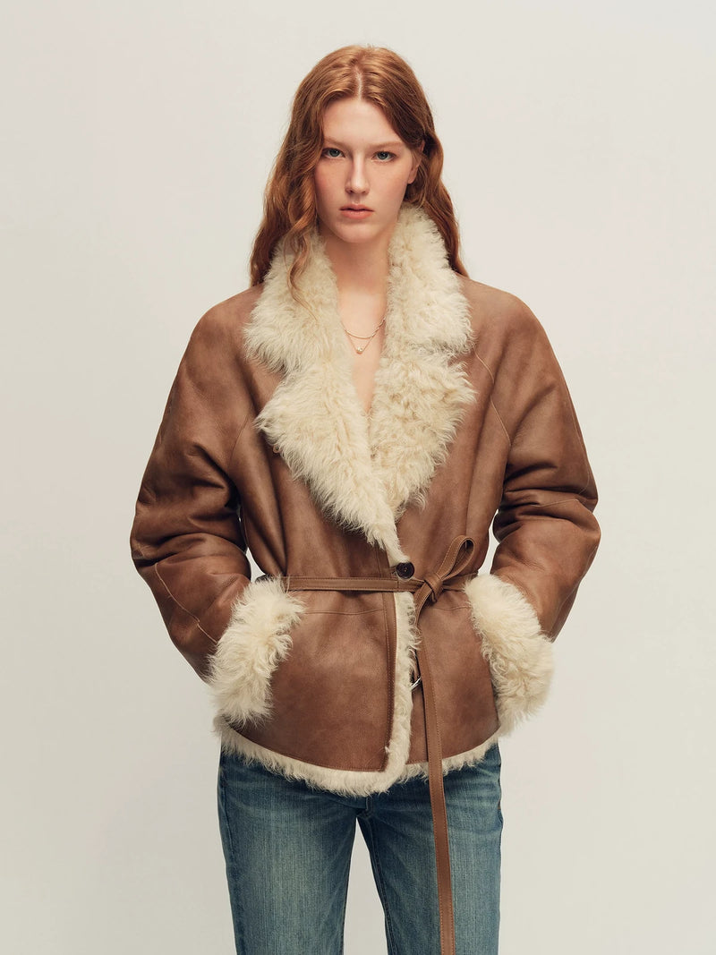 Firelady Fur Women's Reversible Shearling Jacket - Toscana in Golden Brown - front half