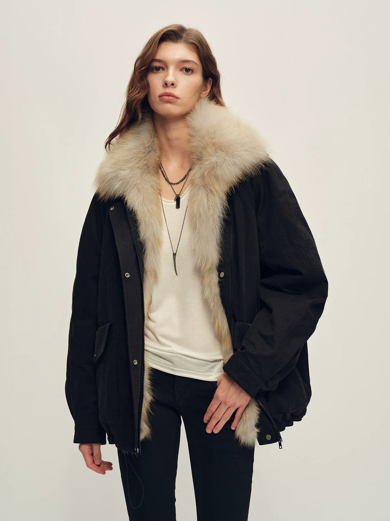 Firelady Fur Women's Fox Fur Trim Down Parka - Relaxed Fit in Black - front half