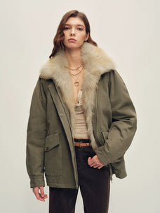 Firelady Fur Women's Fox Fur Trim Down Parka - Relaxed Fit in Light Gray-Green - front half