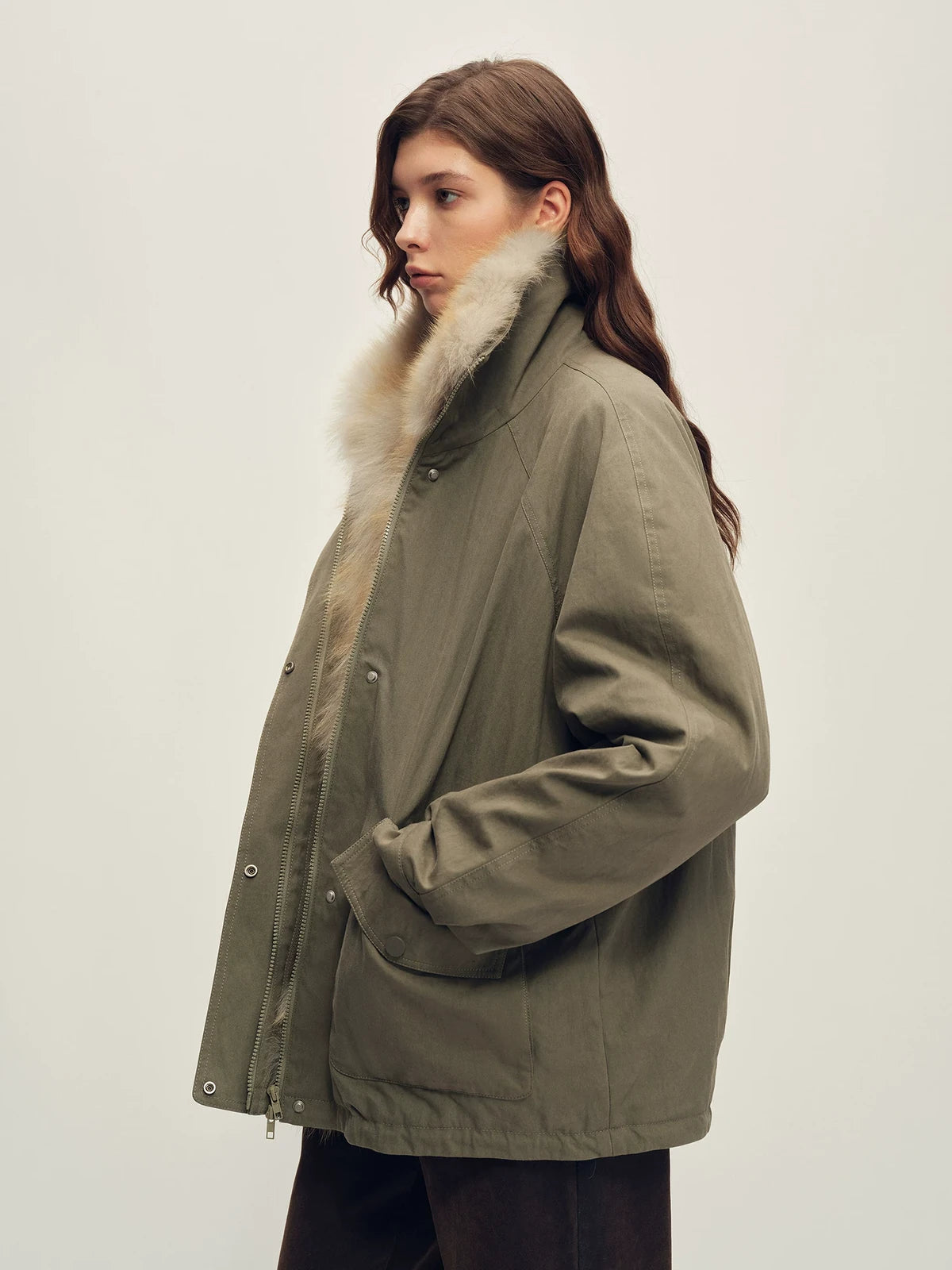 Firelady Fur Women's Fox Fur Trim Down Parka - Relaxed Fit in Light Gray-Green - view 2