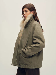 Firelady Fur Women's Fox Fur Trim Down Parka - Relaxed Fit in Light Gray-Green - view 2