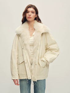 Firelady Fur Women's Fox Fur Trim Down Parka - Relaxed Fit in Off-White - front half