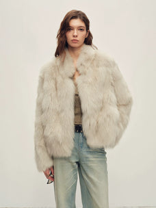 Firelady Fur Women's Cropped Fox Fur Jacket - Stand Collar in Feather Gray - front half