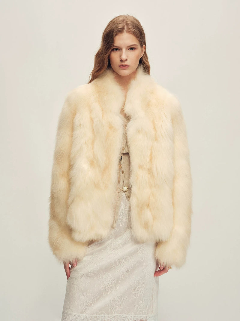 Firelady Fur Women's Cropped Fox Fur Jacket - Stand Collar in Soft White - front half