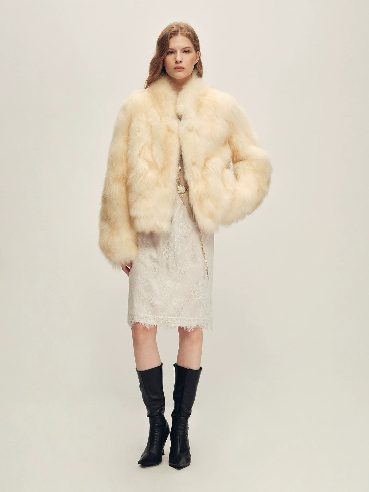 Firelady Fur Women's Cropped Fox Fur Jacket - Stand Collar in Soft White - view 2