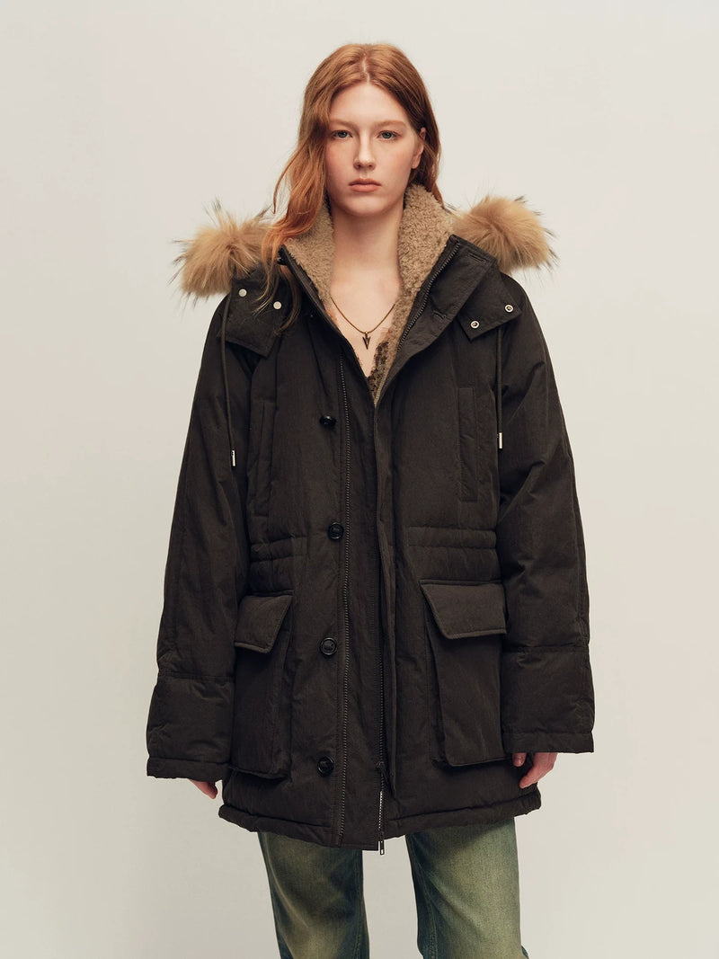 Firelady Fur Women's Hooded Down Parka - Wool Facing & Fur Trim in Deep Ink Brown - front half