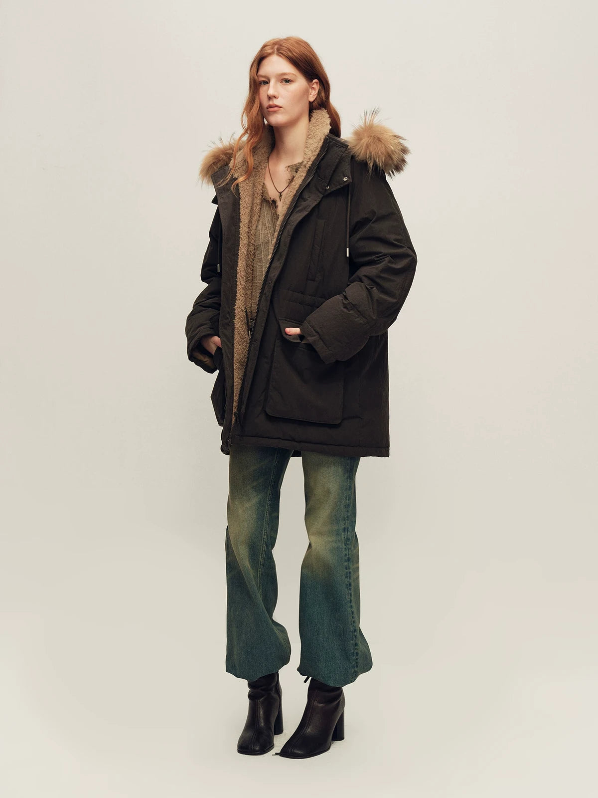 Firelady Fur Women's Hooded Down Parka - Wool Facing &amp; Fur Trim in Deep Ink Brown - view 2