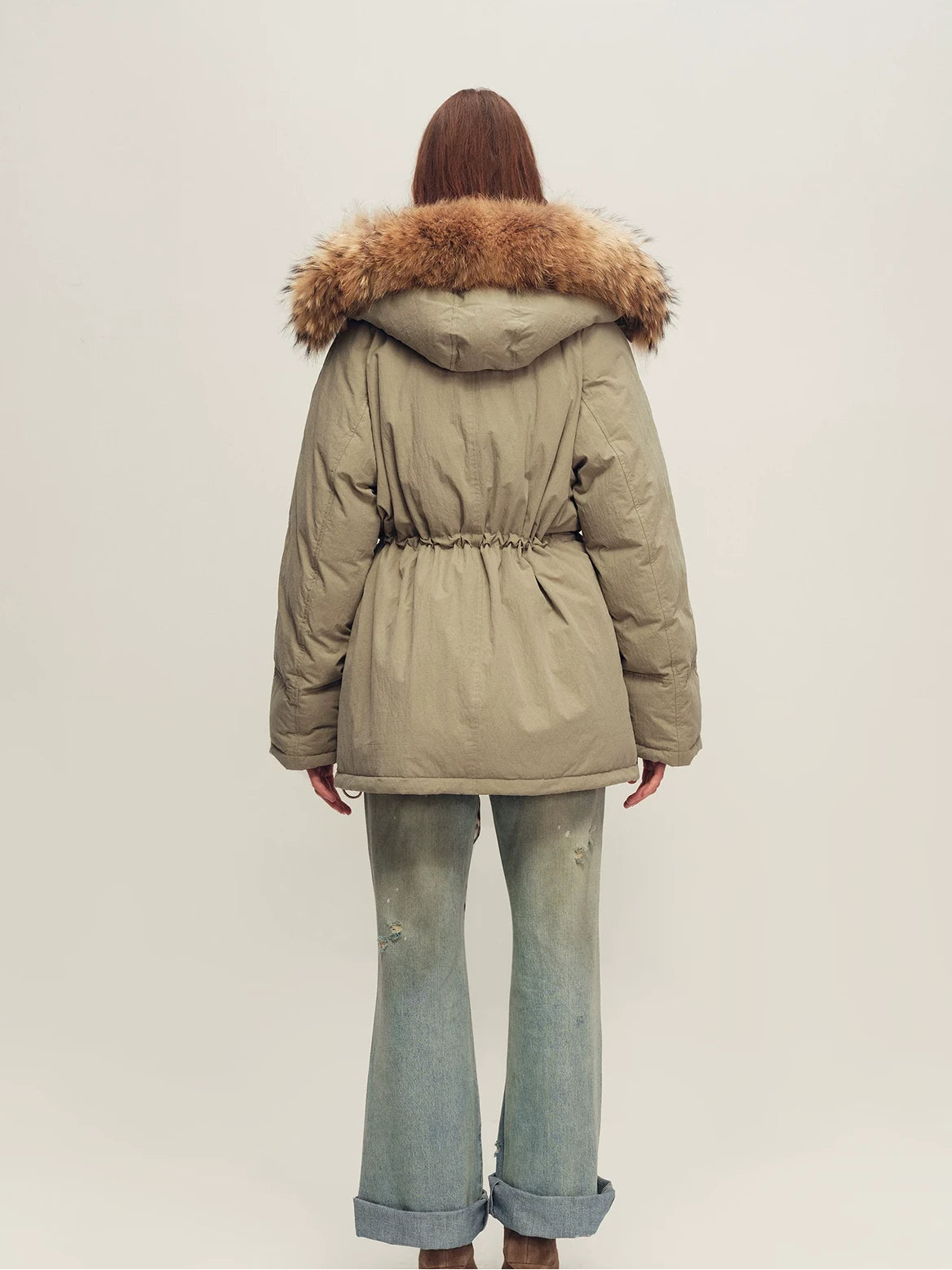 Firelady Fur Women's Hooded Down Parka - Wool Facing &amp; Fur Trim in Gray Khaki - view 3