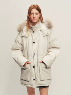 Firelady Fur Women's Hooded Down Parka - Wool Facing & Fur Trim in Light Gray White - front half
