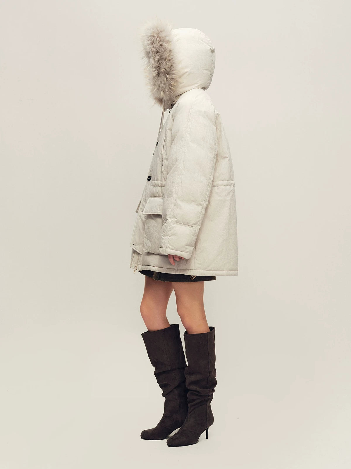 Firelady Fur Women's Hooded Down Parka - Wool Facing &amp; Fur Trim in Light Gray White - view 2