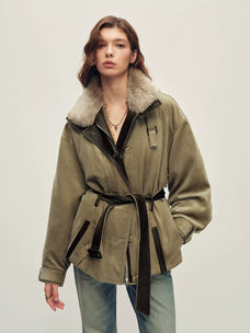 Firelady Fur Women's Vintage Traveler Belted Parka - Merino Collar in Gray-Green - front half