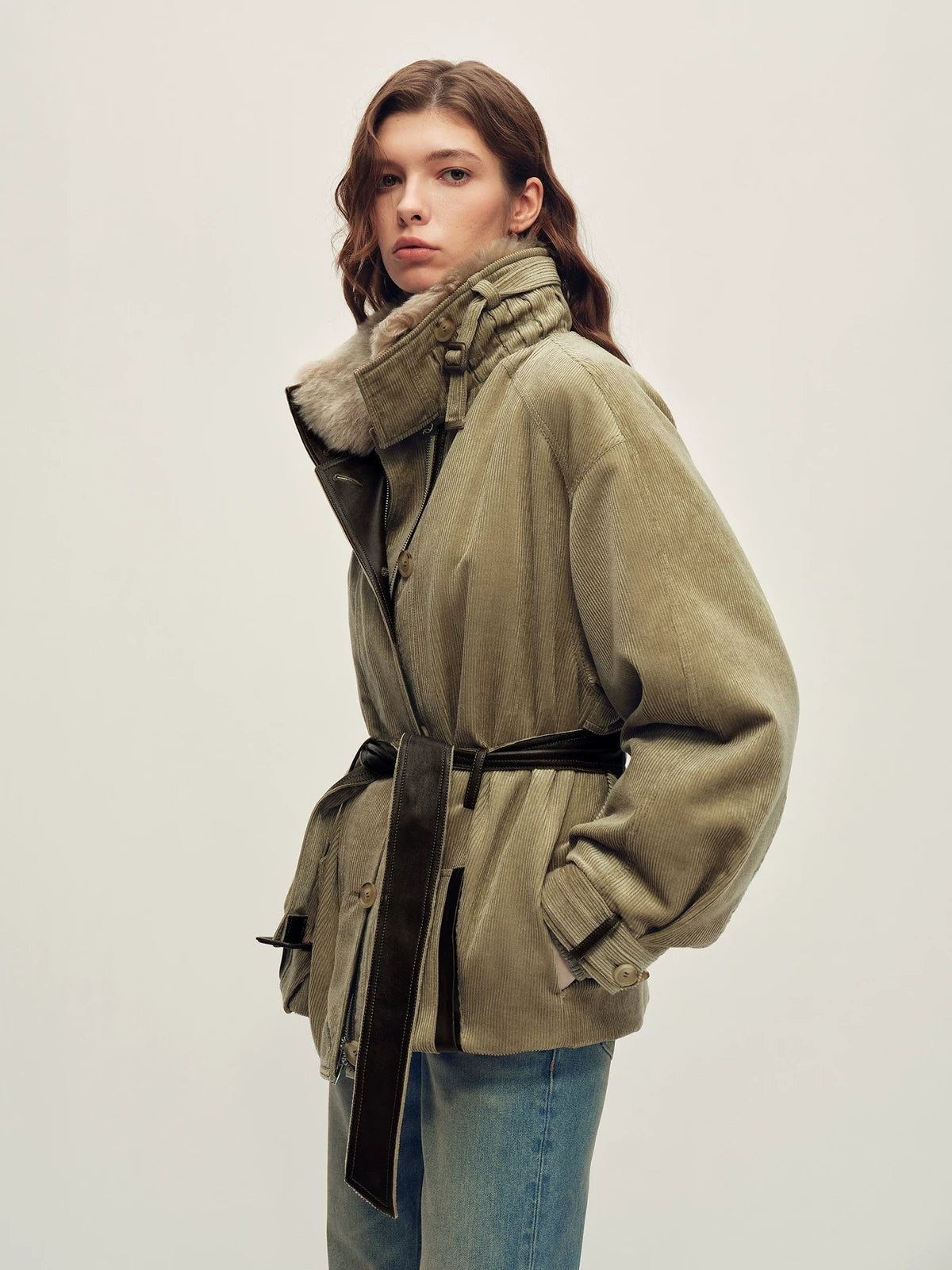 Firelady Fur Women's Vintage Traveler Belted Parka - Merino Collar in Gray-Green - view 2