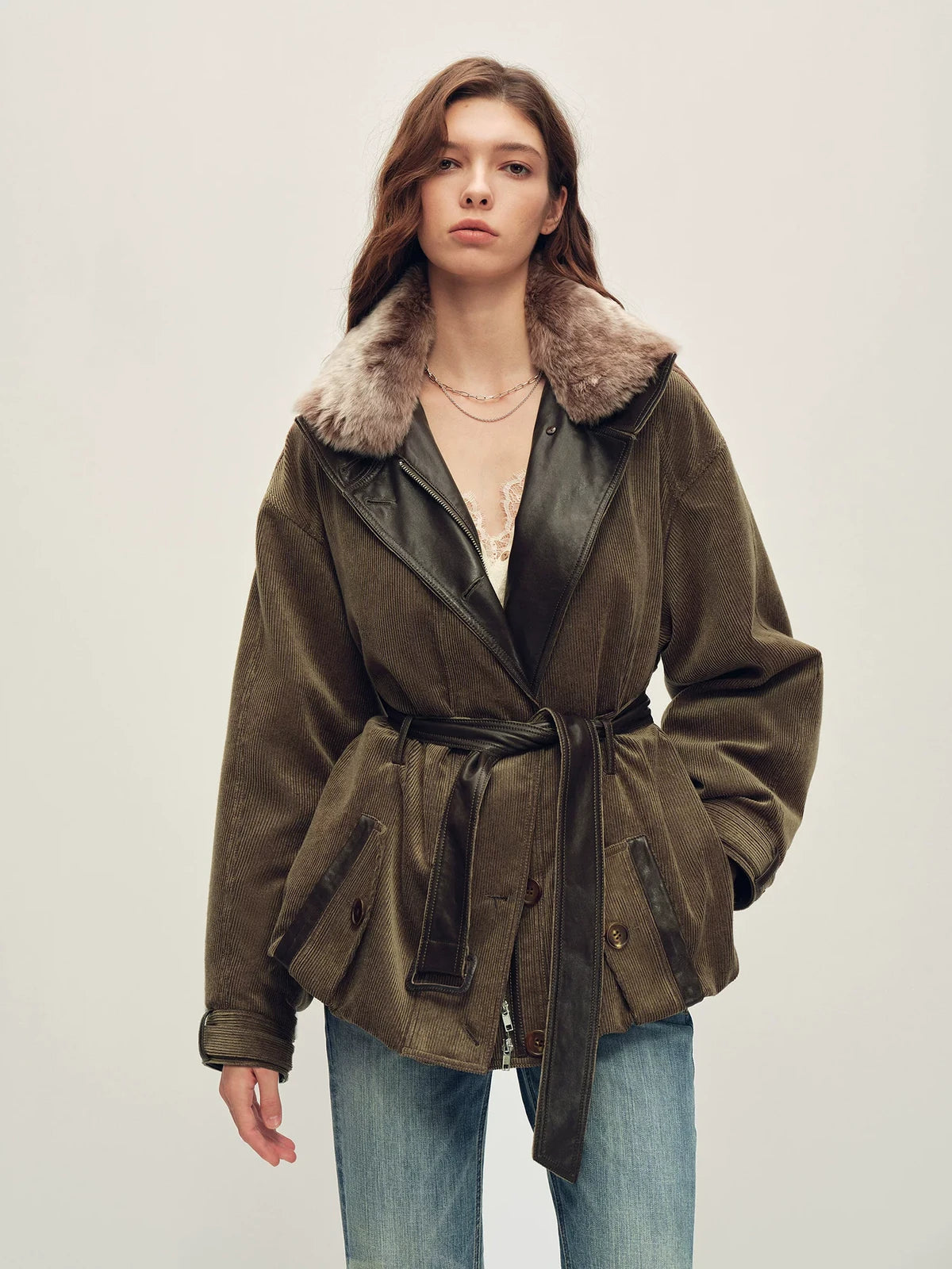 Firelady Fur Women's Vintage Traveler Belted Parka - Merino Collar in Two-Tone Brown - front half
