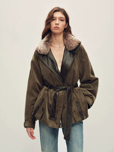 Firelady Fur Women's Vintage Traveler Belted Parka - Merino Collar in Two-Tone Brown - front half