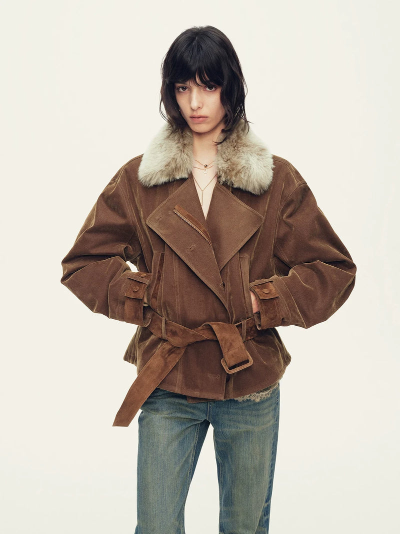 Firelady Fur Women's Cropped Down Parka - Detachable Shearling Collar in Chestnut Brown - front half