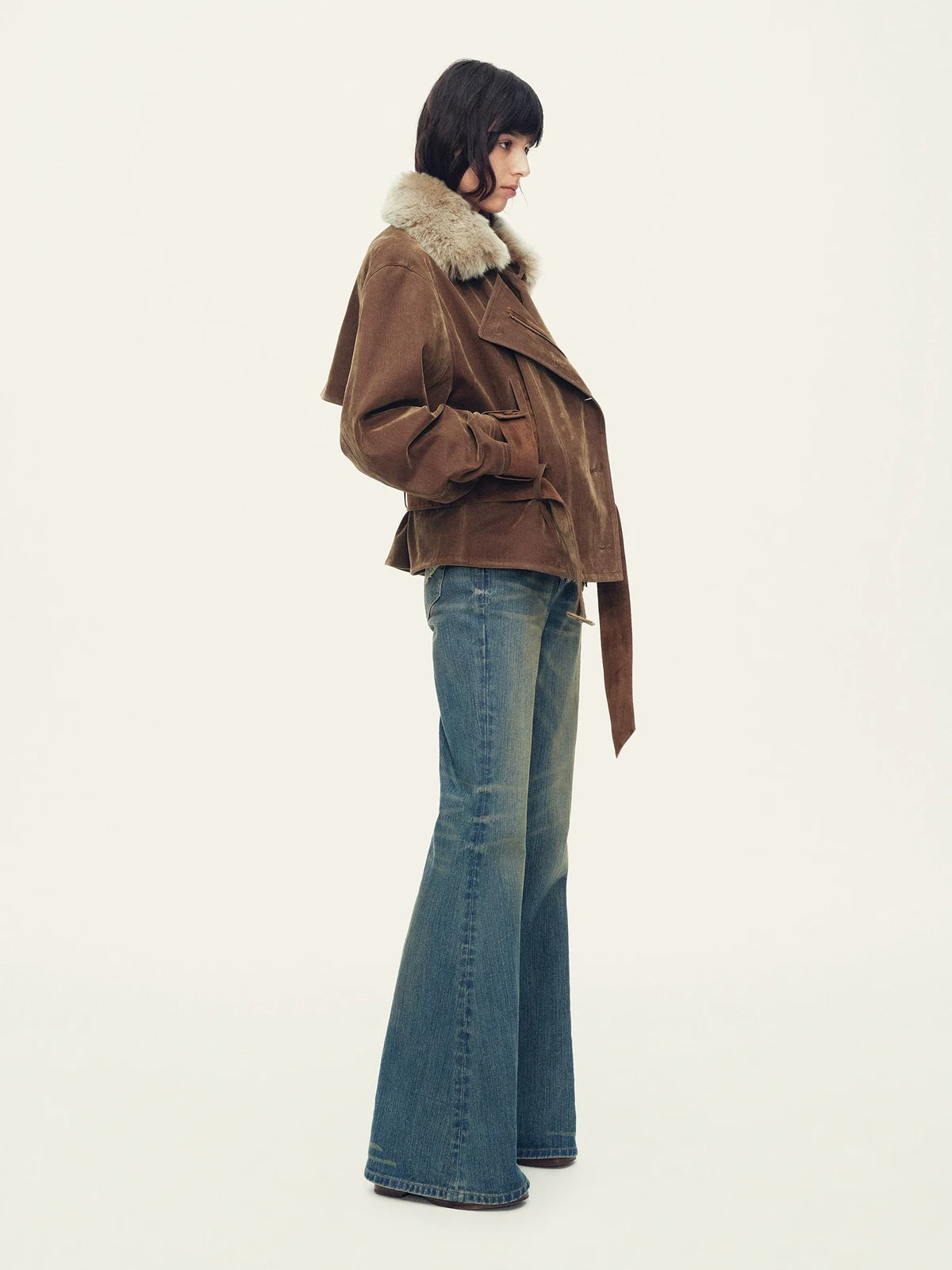 Firelady Fur Women's Cropped Down Parka - Detachable Shearling Collar in Chestnut Brown - view 3