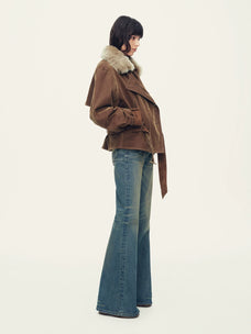 Firelady Fur Women's Cropped Down Parka - Detachable Shearling Collar in Chestnut Brown - view 3