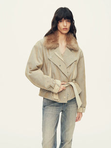 Firelady Fur Women's Cropped Down Parka - Detachable Shearling Collar in Oatmeal - front half