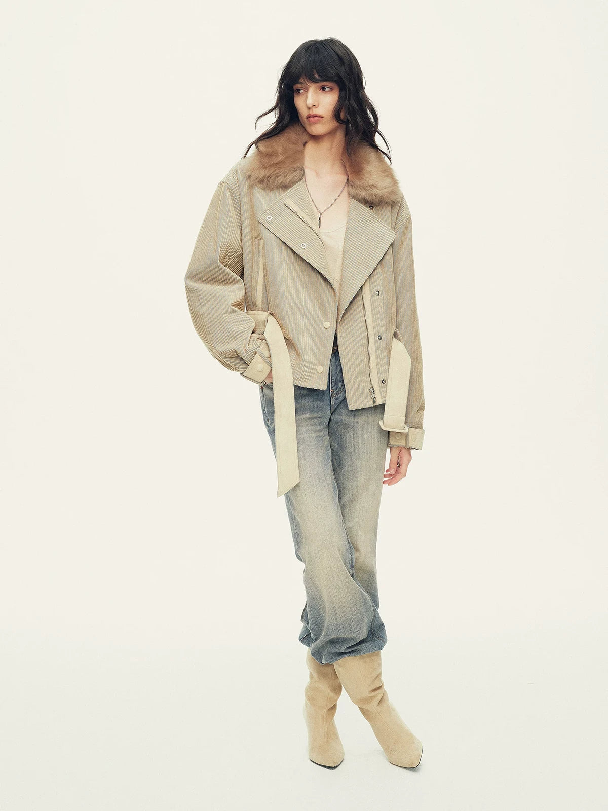 Firelady Fur Women's Cropped Down Parka - Detachable Shearling Collar in Oatmeal - view 2