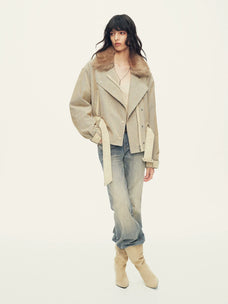 Firelady Fur Women's Cropped Down Parka - Detachable Shearling Collar in Oatmeal - view 2