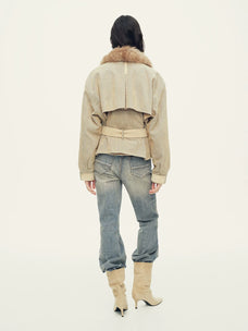 Firelady Fur Women's Cropped Down Parka - Detachable Shearling Collar in Oatmeal - view 3